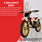 SYNDYT SYR 160 16" Electric Balance Bike for Kids Ages 5-8, 36V 10Ah Battery, 350W Motor, 5/10/16 MPH Speed Settings, Rear Disc Brake, MX-Style Foot Pegs, 16" Alloy Wheels, Red/White